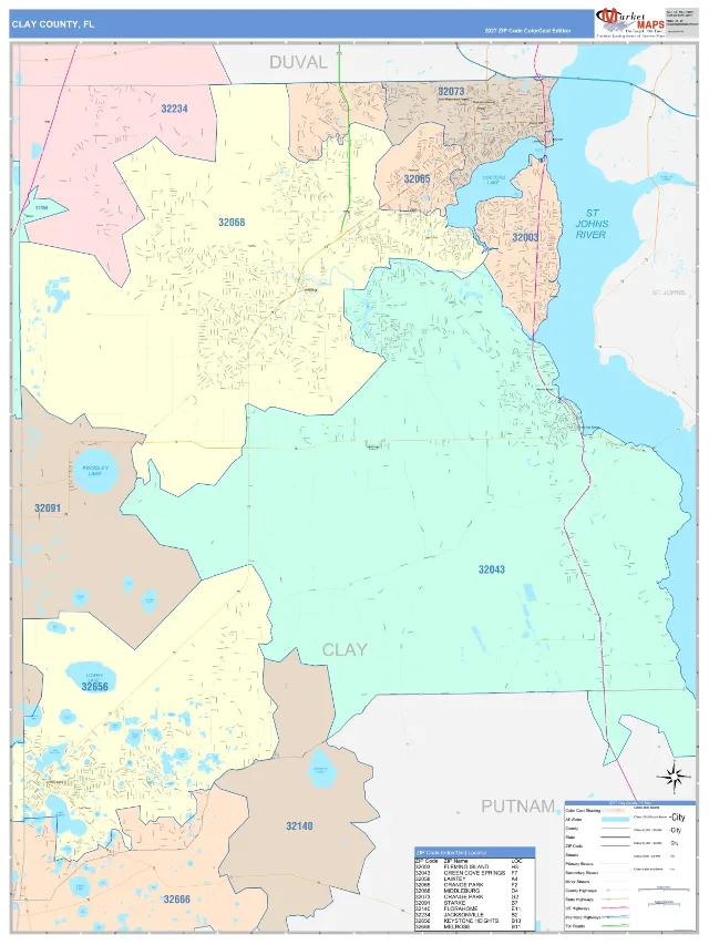 Clay County, FL ZIP Code Wall Map, ColorCast style
