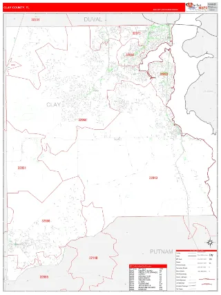 Clay County, FL RedLine style ZIP Code wall map