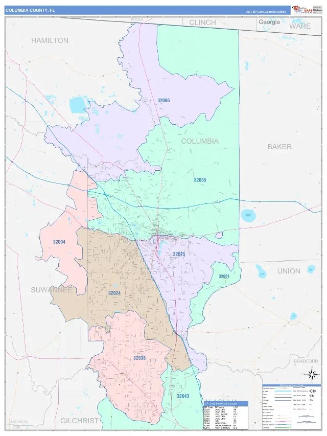 Columbia County, FL ZIP Code Wall Map, ColorCast style