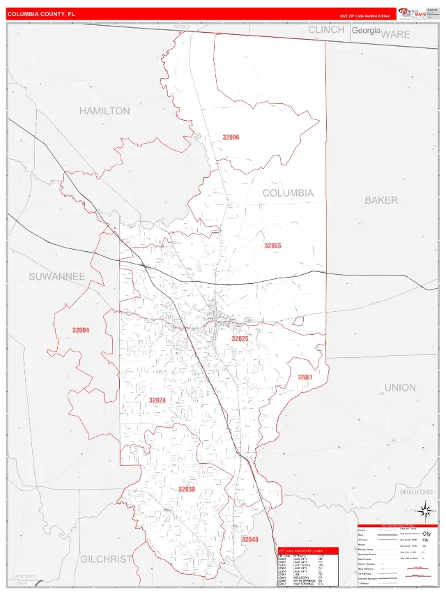 Columbia County, FL ZIP Code Wall Map, RedLine style