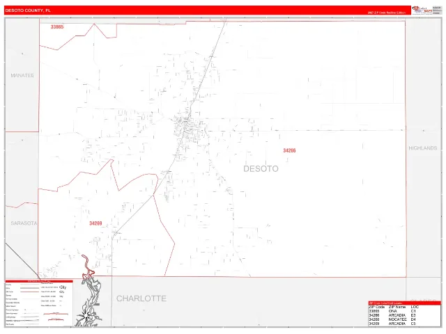 DeSoto County, FL ZIP Code Wall Map, RedLine style