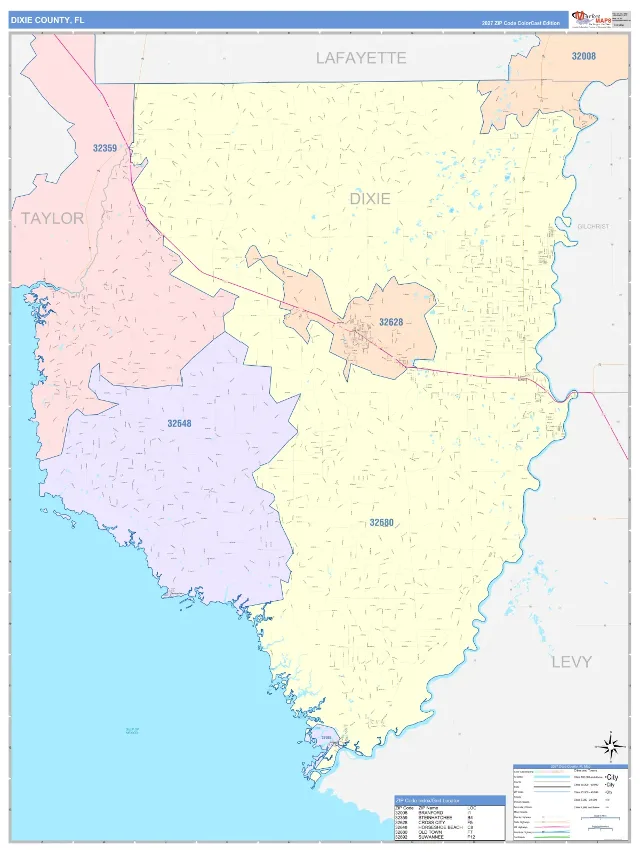 Dixie County, FL ZIP Code Wall Map, ColorCast style