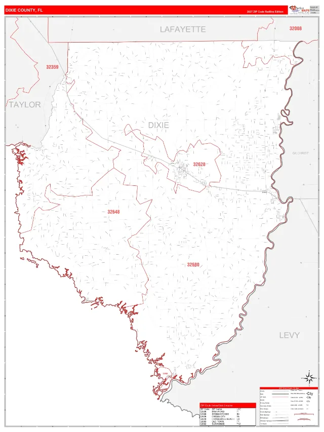 Dixie County, FL ZIP Code Wall Map, RedLine style