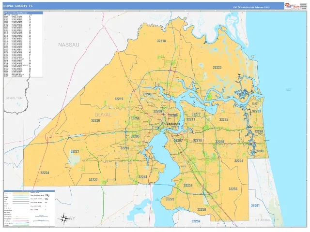 Duval County, FL ZIP Code Wall Map, Business Reference style