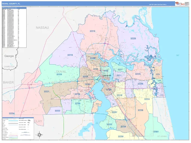 Duval County, FL ZIP Code Wall Map, ColorCast style