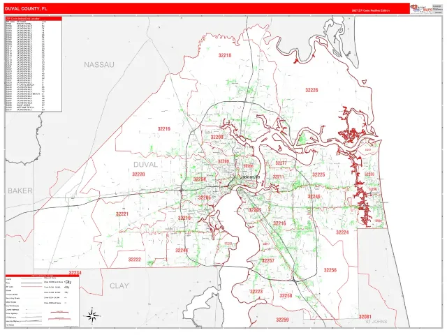 Duval County, FL ZIP Code Wall Map, RedLine style
