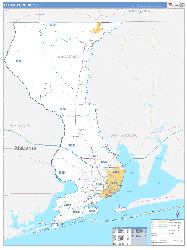 Escambia County, FL ZIP Code Wall Map, Business Reference style