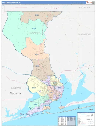 Escambia County, FL ColorCast style ZIP Code wall map