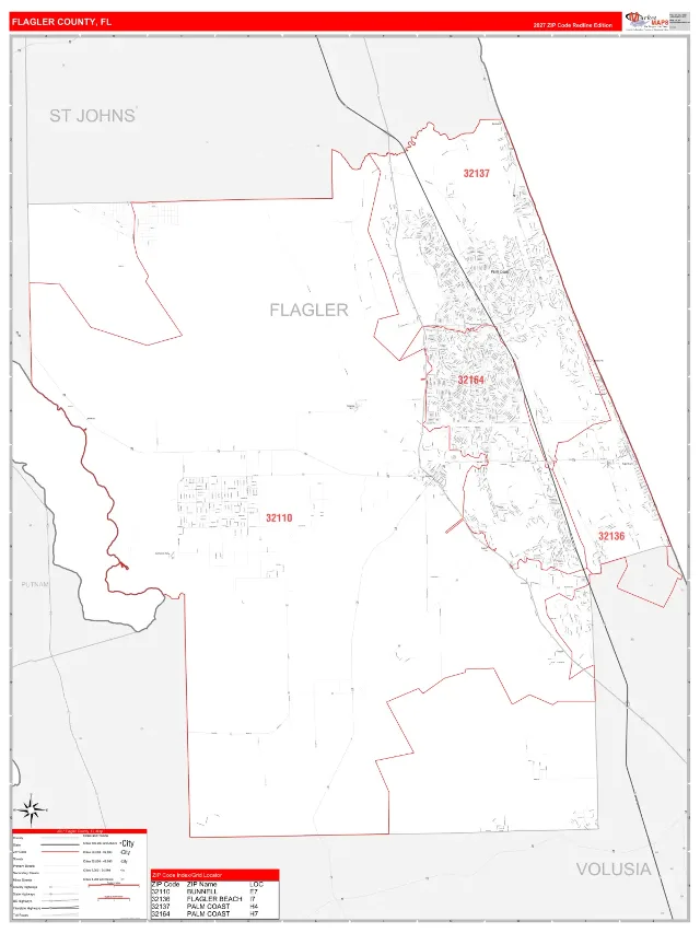 Flagler County, FL ZIP Code Wall Map, RedLine style