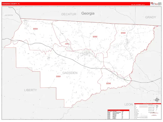 Gadsden County, FL ZIP Code Wall Map, RedLine style