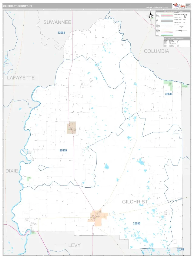 Gilchrist County, FL ZIP Code Wall Map, Classic style