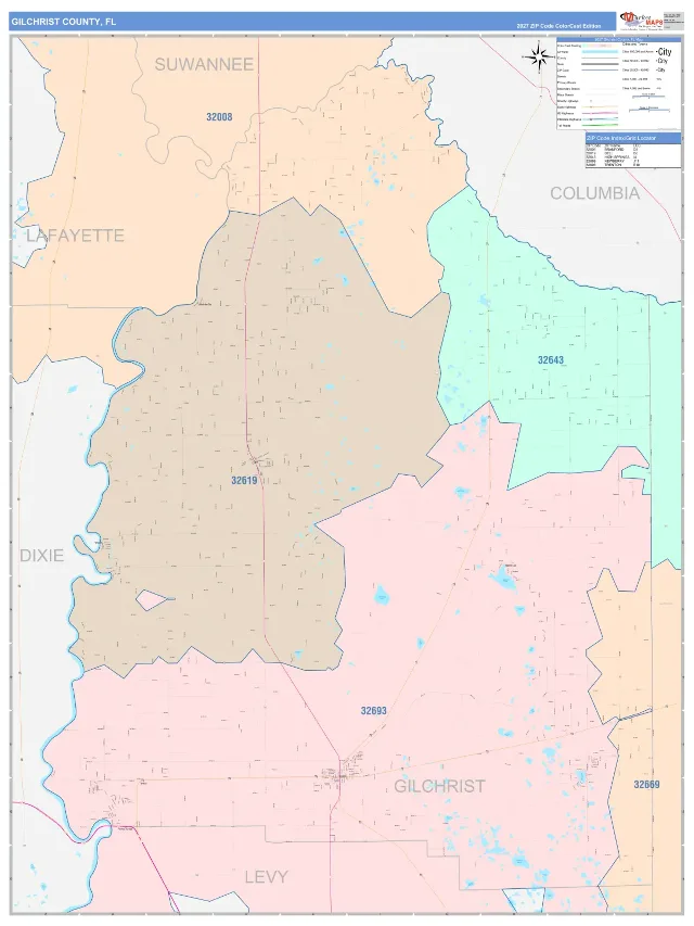Gilchrist County, FL ZIP Code Wall Map, ColorCast style