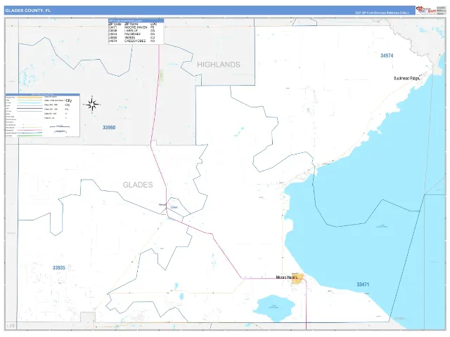 Glades County, FL ZIP Code Wall Map, Business Reference style