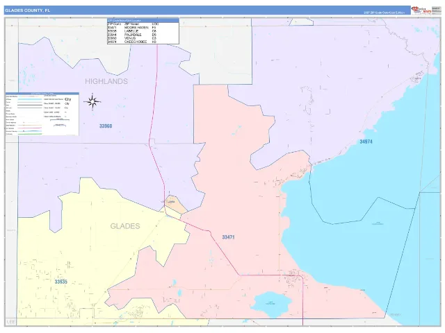 Glades County, FL ZIP Code Wall Map, ColorCast style