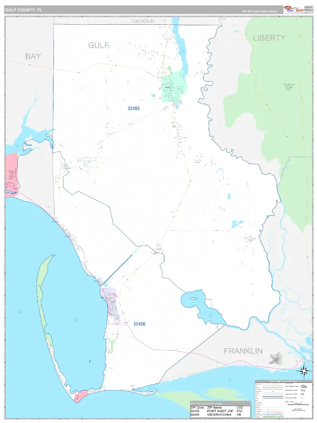 Gulf County, FL ZIP Code Wall Map, Classic style