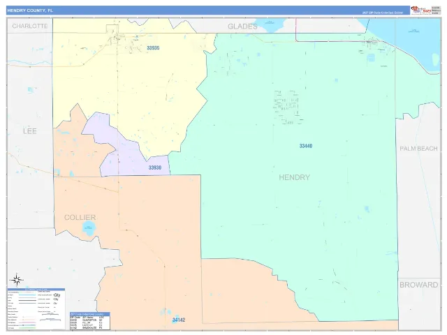 Hendry County, FL ZIP Code Wall Map, ColorCast style