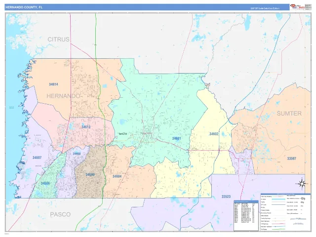 Hernando County, FL ZIP Code Wall Map, ColorCast style