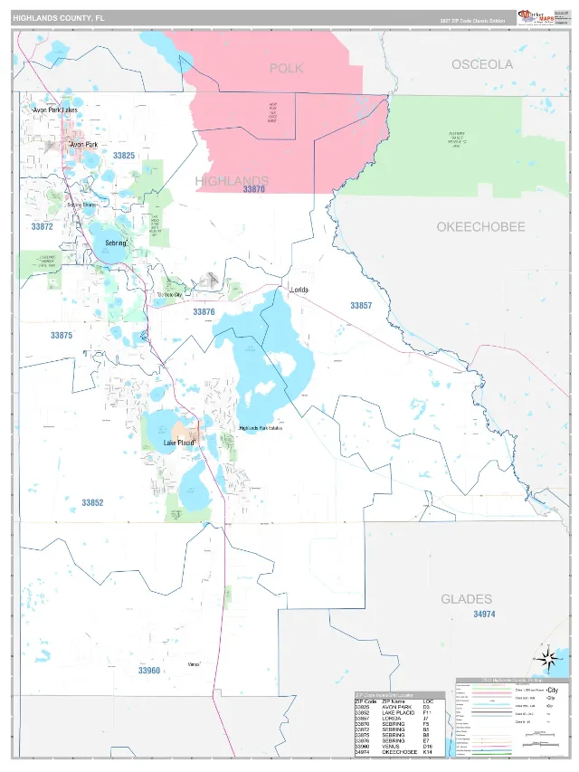 Highlands County, FL ZIP Code Wall Map, Classic style