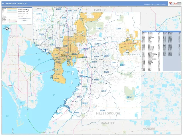 Hillsborough County, FL ZIP Code Wall Map, Business Reference style