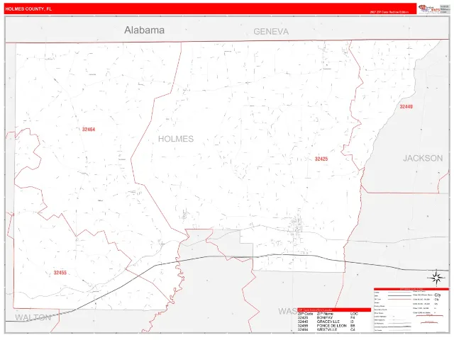 Holmes County, FL ZIP Code Wall Map, RedLine style
