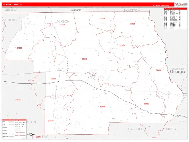 Jackson County, FL ZIP Code Wall Map, RedLine style