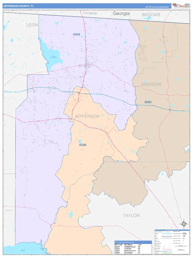 Jefferson County, FL ZIP Code Wall Map, ColorCast style