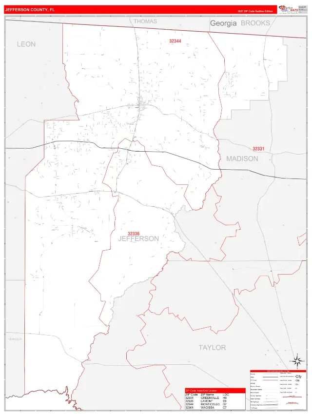 Jefferson County, FL ZIP Code Wall Map, RedLine style