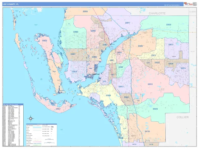 Lee County, FL ZIP Code Wall Map, ColorCast style