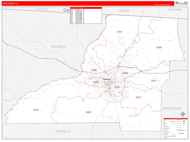 Leon County, FL ZIP Code Wall Map, RedLine style