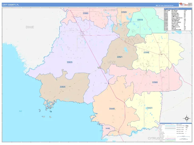 Levy County, FL ZIP Code Wall Map, ColorCast style