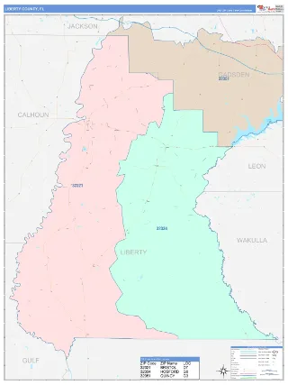 Liberty County, FL ColorCast style ZIP Code wall map