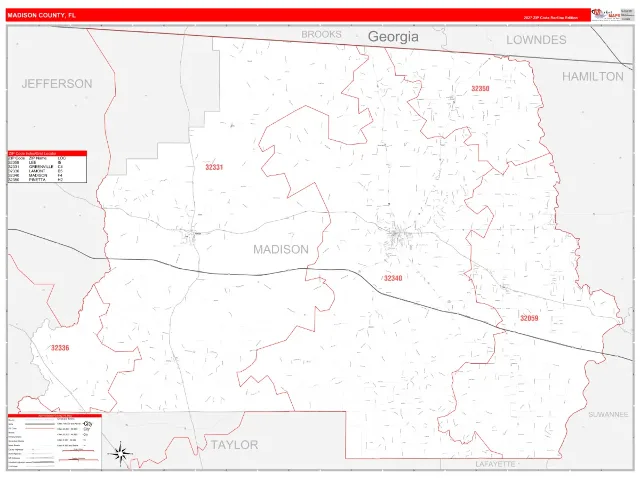 Madison County, FL ZIP Code Wall Map, RedLine style