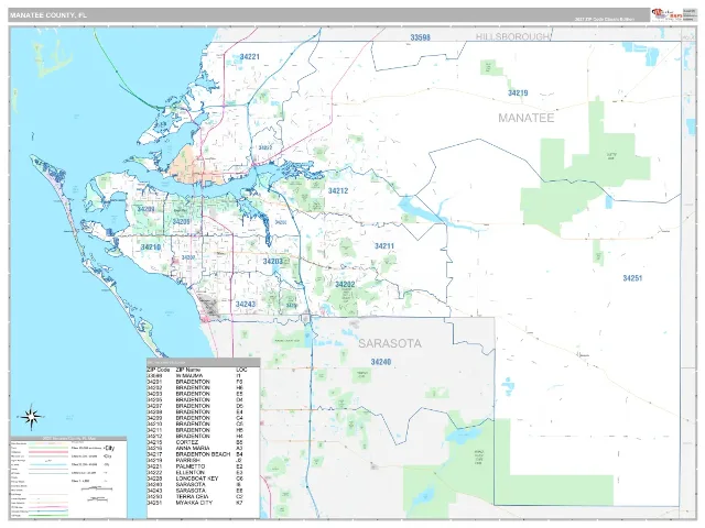 Manatee County, FL ZIP Code Wall Map, Classic style