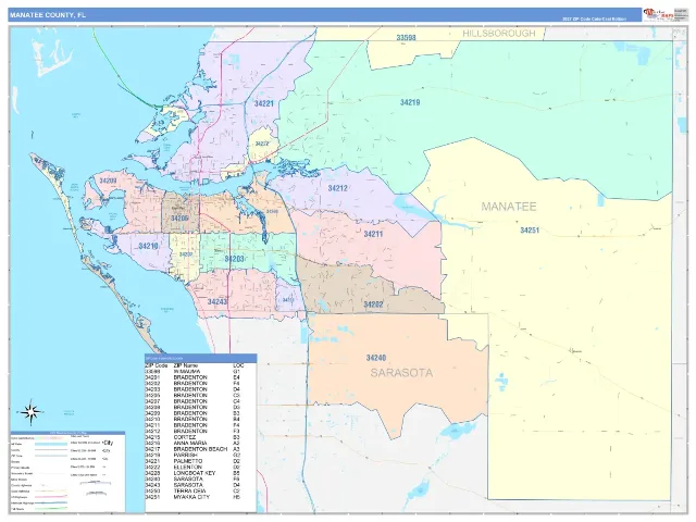 Manatee County, FL ZIP Code Wall Map, ColorCast style