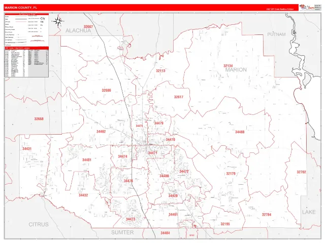 Marion County, FL ZIP Code Wall Map, RedLine style