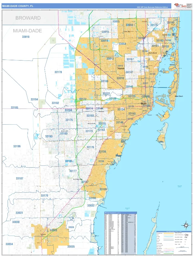 Miami-Dade County, FL ZIP Code Wall Map, Business Reference style