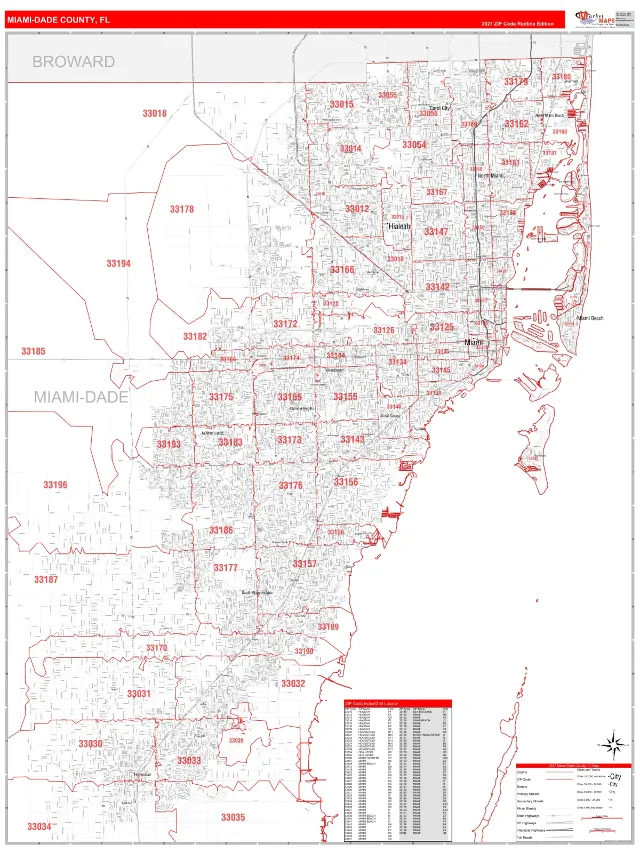 Miami-Dade County, FL ZIP Code Wall Map, RedLine style