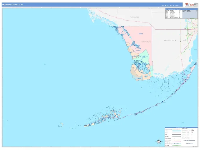 Monroe County, FL ZIP Code Wall Map, ColorCast style