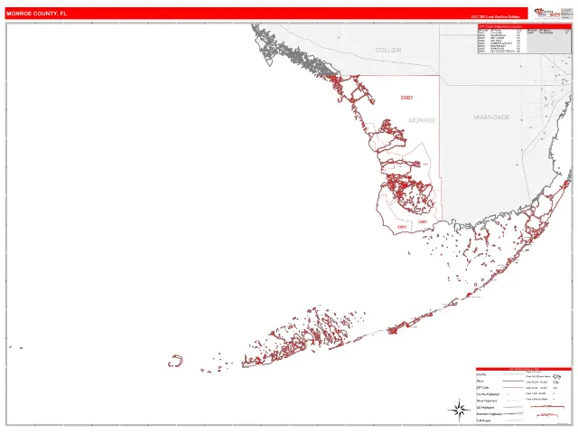 Monroe County, FL ZIP Code Wall Map, RedLine style