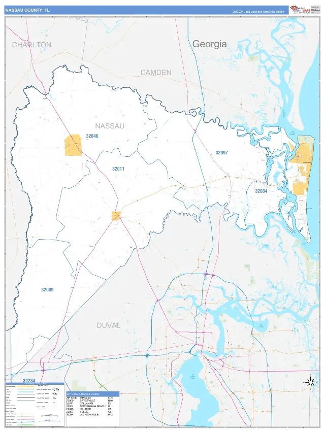 Nassau County, FL ZIP Code Wall Map, Business Reference style