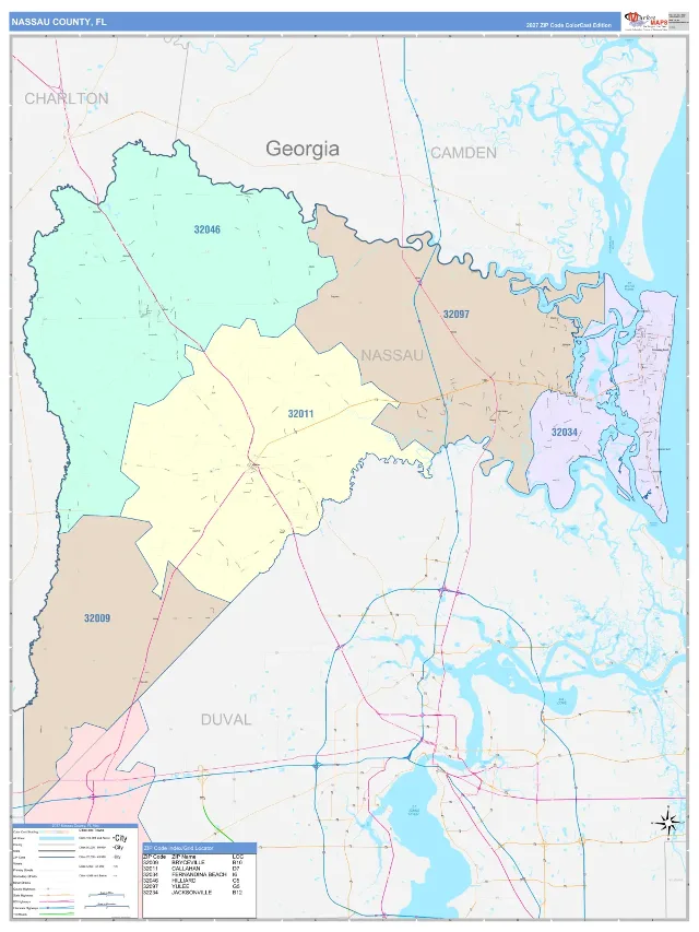 Nassau County, FL ZIP Code Wall Map, ColorCast style