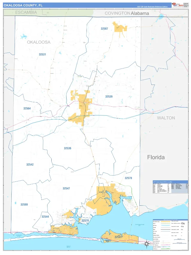 Okaloosa County, FL ZIP Code Wall Map, Business Reference style