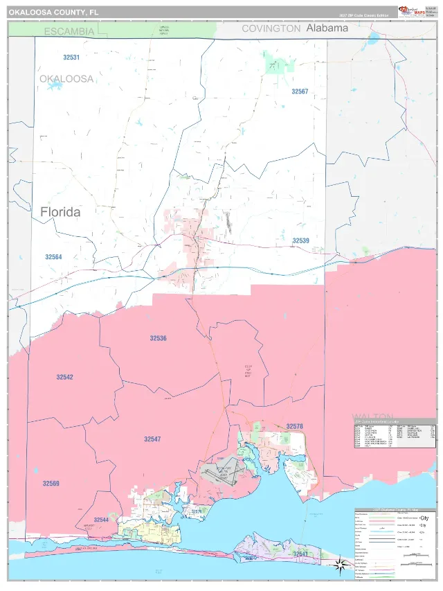 Okaloosa County, FL ZIP Code Wall Map, Classic style