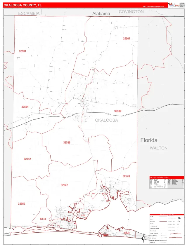 Okaloosa County, FL ZIP Code Wall Map, RedLine style