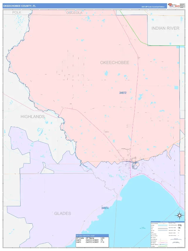 Okeechobee County, FL ZIP Code Wall Map, ColorCast style