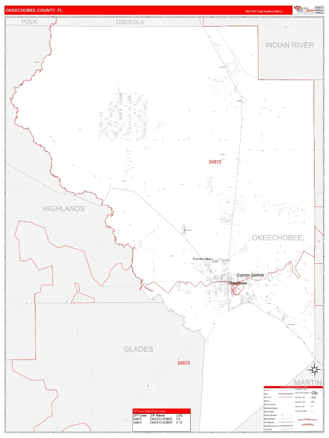 Okeechobee County, FL ZIP Code Wall Map, RedLine style