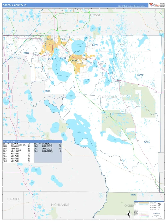 Osceola County, FL ZIP Code Wall Map, Business Reference style