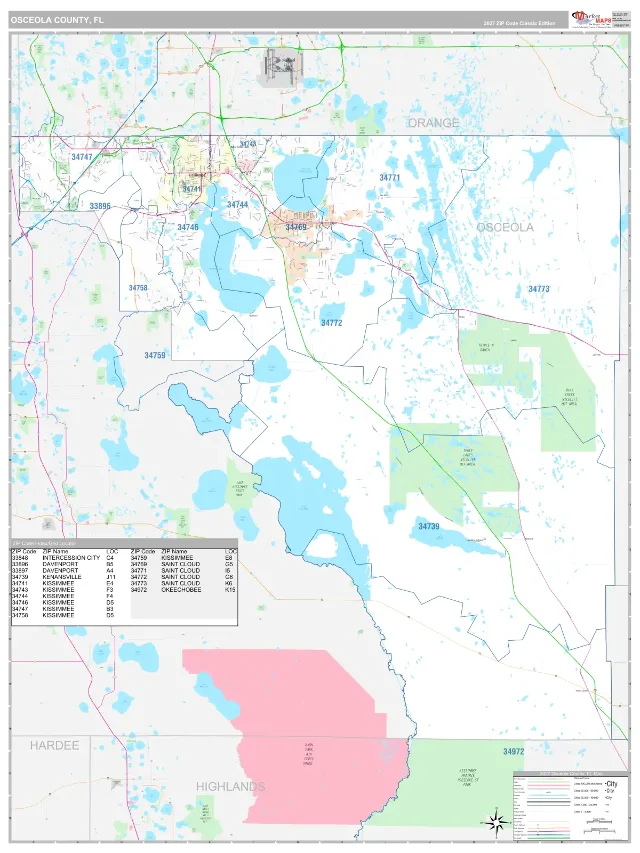 Osceola County, FL ZIP Code Wall Map, Classic style