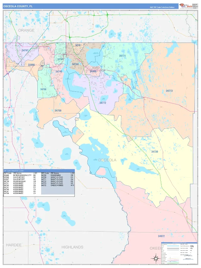 Osceola County, FL ZIP Code Wall Map, ColorCast style