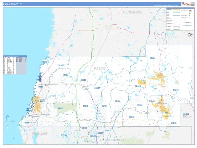 Pasco County, FL ZIP Code Wall Map, Business Reference style